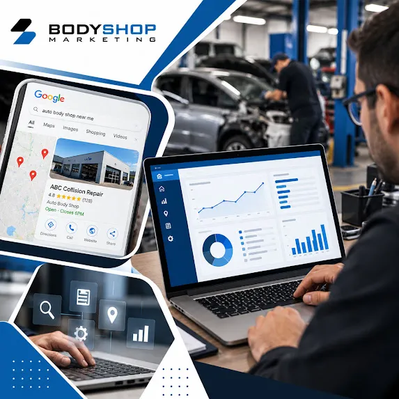 Marketing specialist analyzing performance charts on a laptop in an auto repair shop bay, with overlays of Google Maps local business rankings and digital marketing icons.
