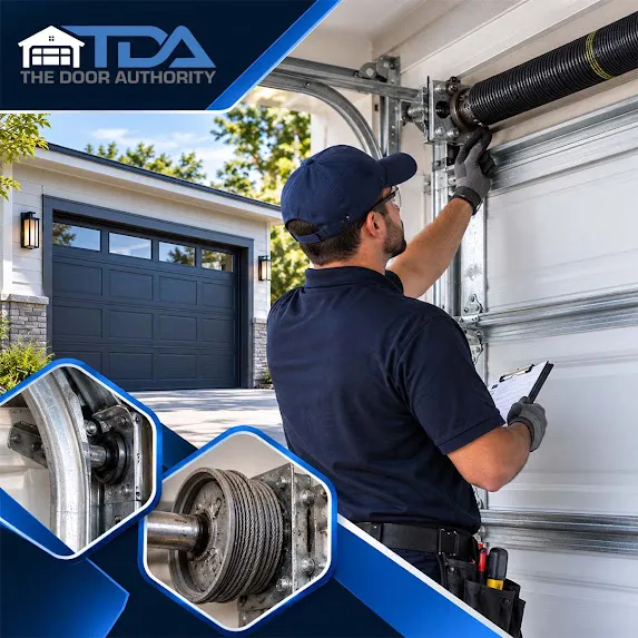 : Certified garage door technician holding a clipboard while inspecting overhead torsion springs and brackets, paired with insets of a steel roller in a track and a cable drum assembly.