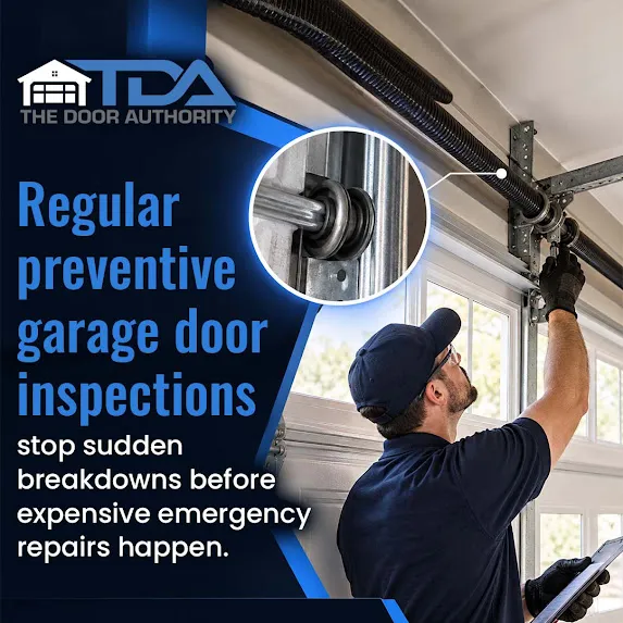 Garage door service technician inspecting overhead tracks and high-tension torsion springs, accompanied by a circular inset highlighting a nylon roller in a steel track.