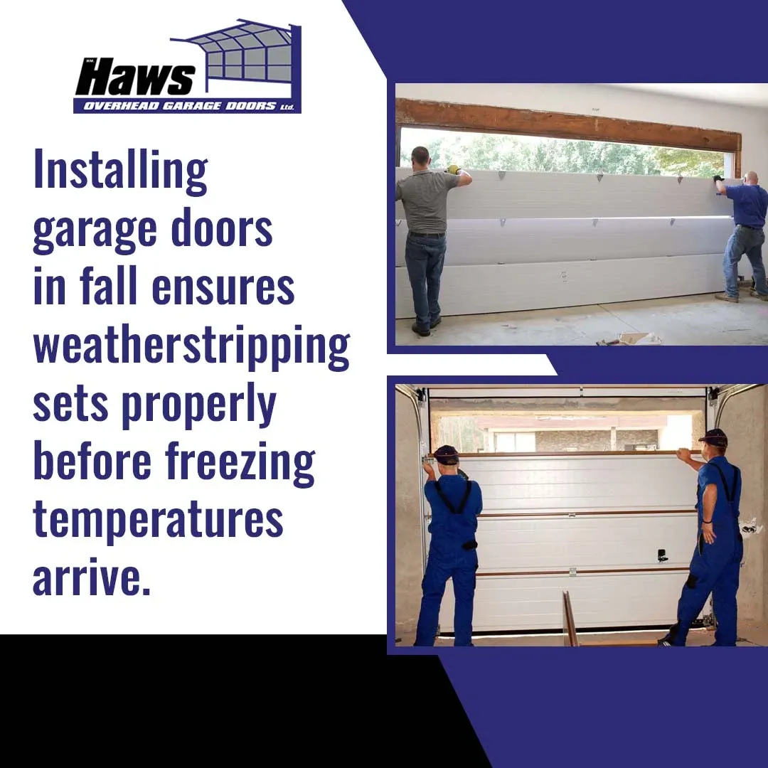 Two panels showing garage door technicians installing and leveling sectional garage door panels during a residential installation.