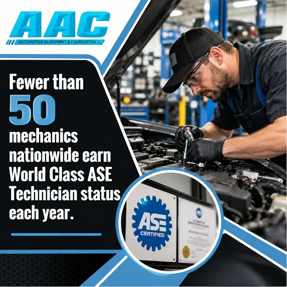 Professional automotive mechanic in safety glasses and gloves working under the open hood of a car, paired with an inset showing an ASE Certified logo and a framed World Class Technician credential.