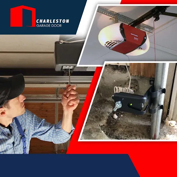 Garage door technician using a screwdriver to adjust an overhead opener unit, alongside inset images of an illuminated Craftsman ceiling motor and a track-mounted photo-eye sensor with a green light.