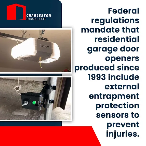 Ceiling-mounted LiftMaster garage door opener illuminated with overhead lights, alongside a close-up photo of a safety sensor with a green indicator light mounted to a metal track near the floor.