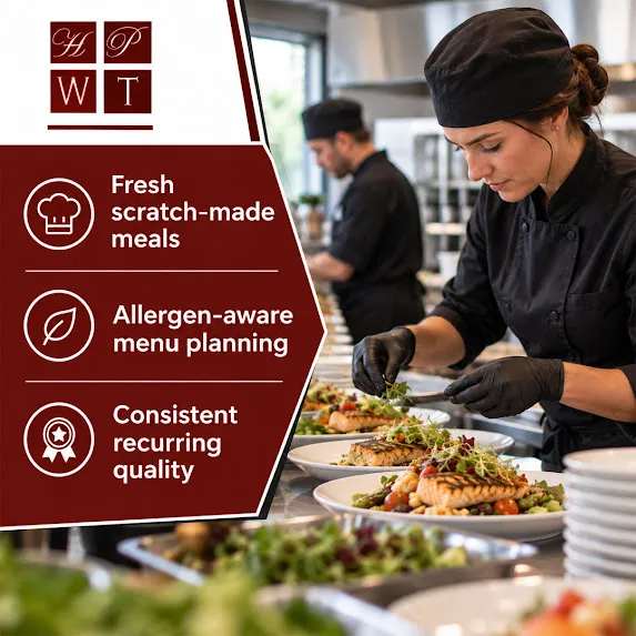 Chef plating grilled salmon with microgreens in a catering kitchen as a colleague prepares food in the background