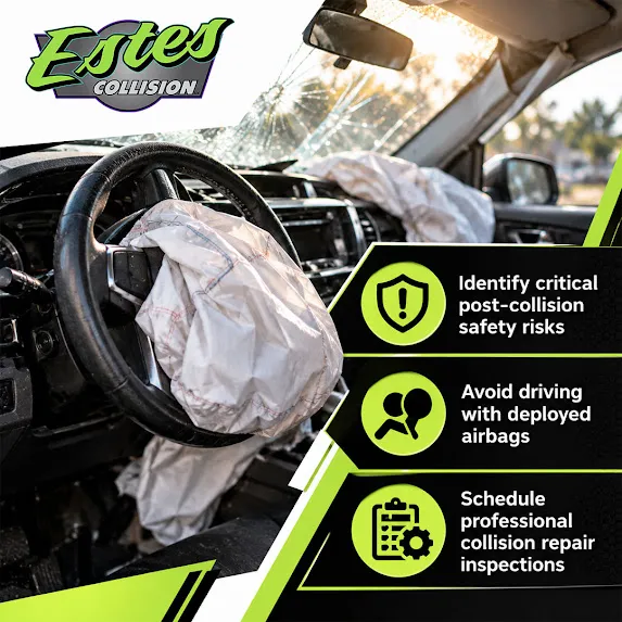 Vehicle interior with deployed airbags and a cracked windshield after a collision