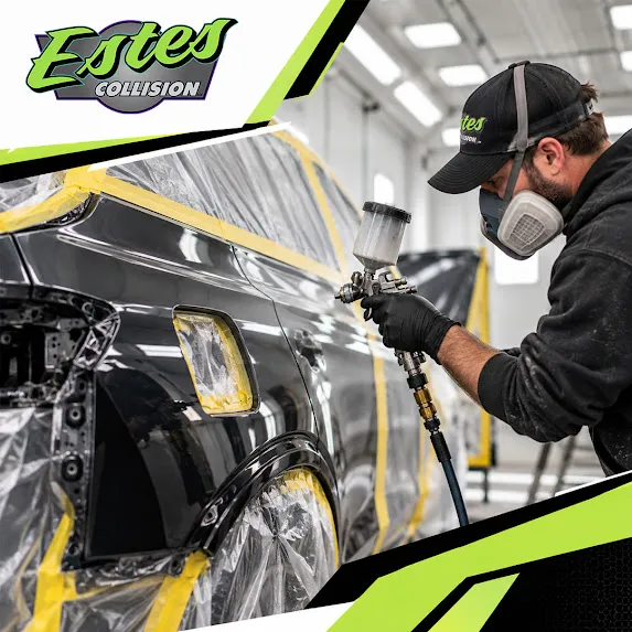 Technician in a respirator spraying paint on a masked dark vehicle inside a collision repair paint booth