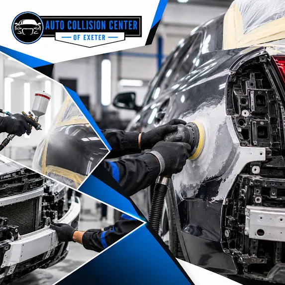 Collision repair technician sanding body filler on a rear vehicle quarter panel, accompanied by two diamond insets showing spray booth paint application and front-end frame reassembly.