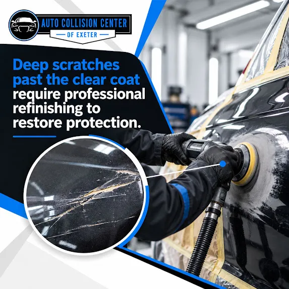 Automotive paint technician using a rotary buffer to polish a black vehicle panel, accompanied by a circular detail inset showing severe paint scratches penetrating through the clear coat to the primer.