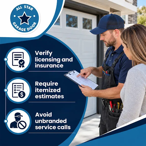 Professional garage door technician reviewing an itemized service estimate on a clipboard with a homeowner outside a residential garage door.