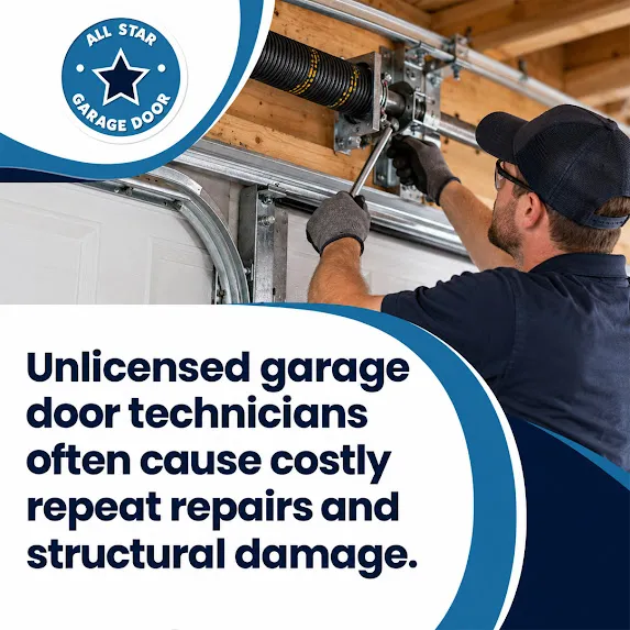 Professional garage door technician using a winding bar to safely adjust a high-tension overhead torsion spring assembly.