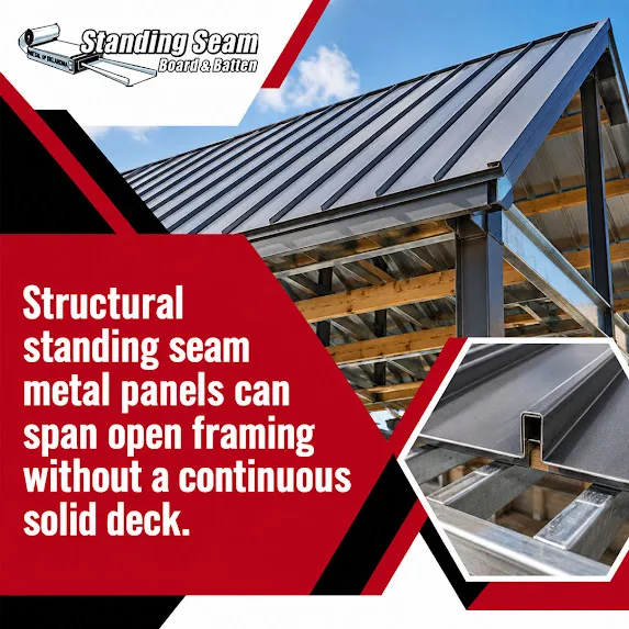 Dark charcoal structural standing seam metal roof installed over open steel purlins and wood roof framing, with a close-up profile of the raised seam panel seam.